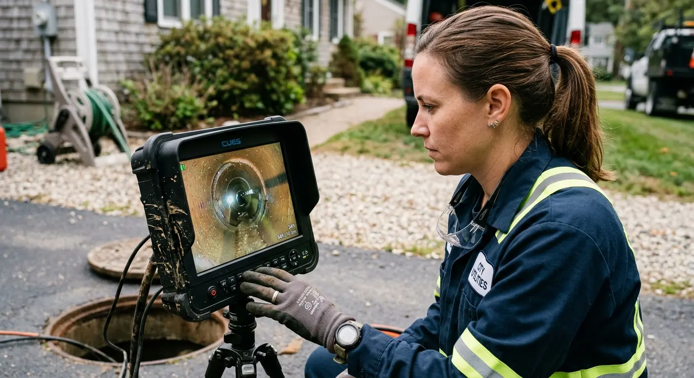 Technician reviewing sewer camera inspection footage in Uwchlan