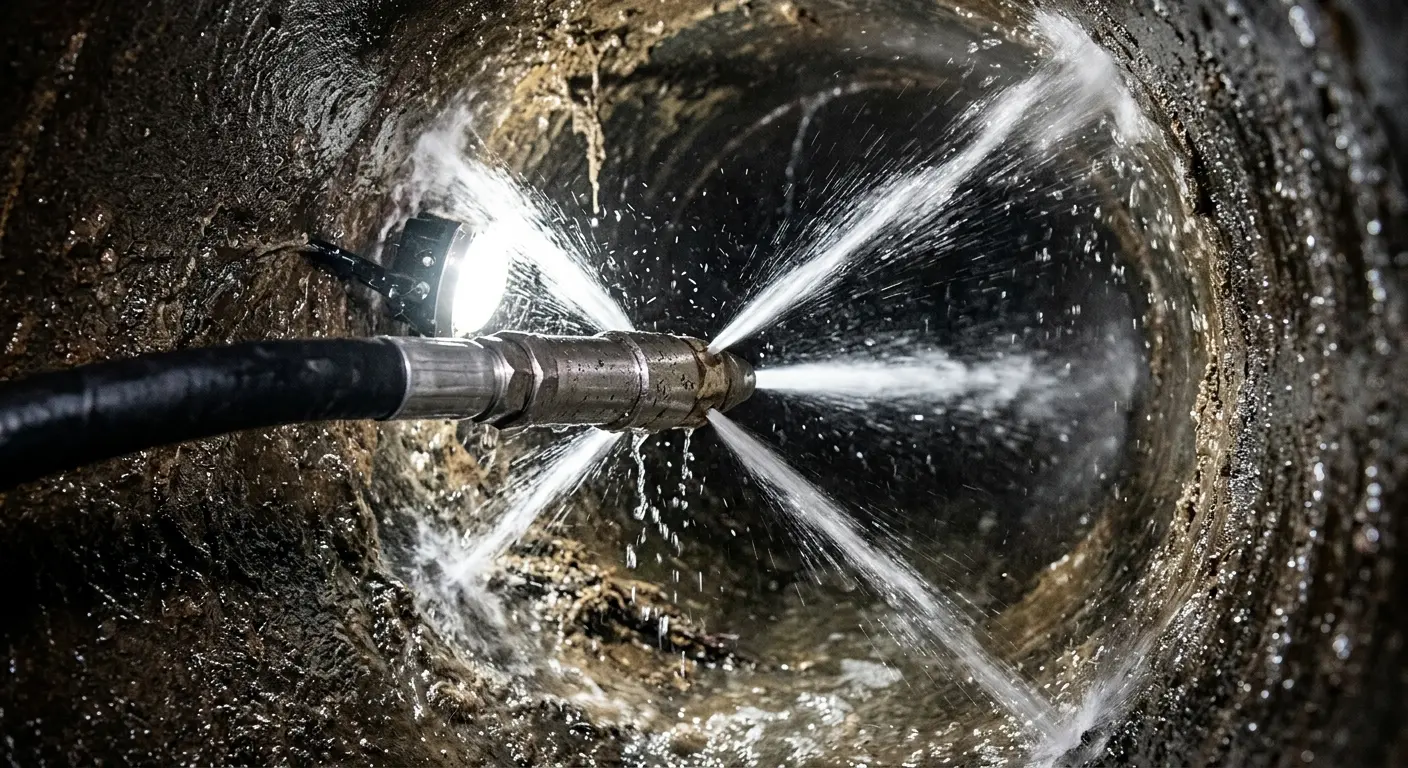 High-pressure hydro jetting nozzle cleaning sewer pipe for Storm Drain Cleaning in Uwchlan