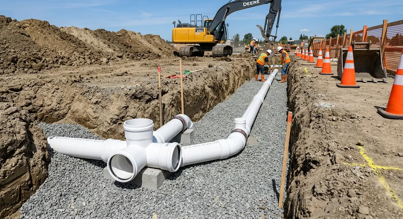 New PVC sewer pipe installation in open trench for Commercial Drain Cleaning in Uwchlan