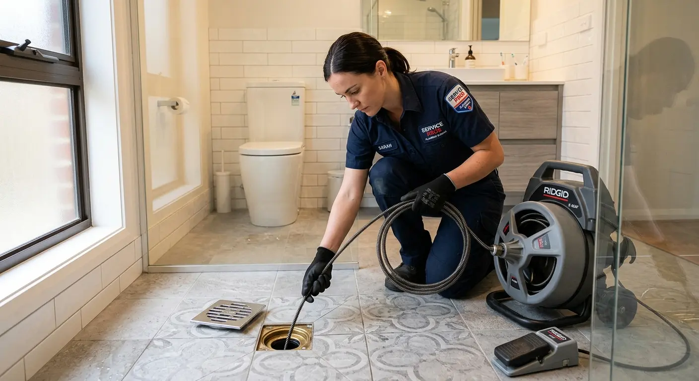 Technician clearing a bathroom floor drain for Drain Cleaning in Uwchlan